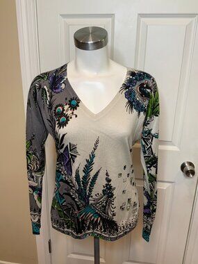 ETRO Milano Gray Thin Knit Silk Cashmere Floral V-Neck Sweater, Size 12 | 46